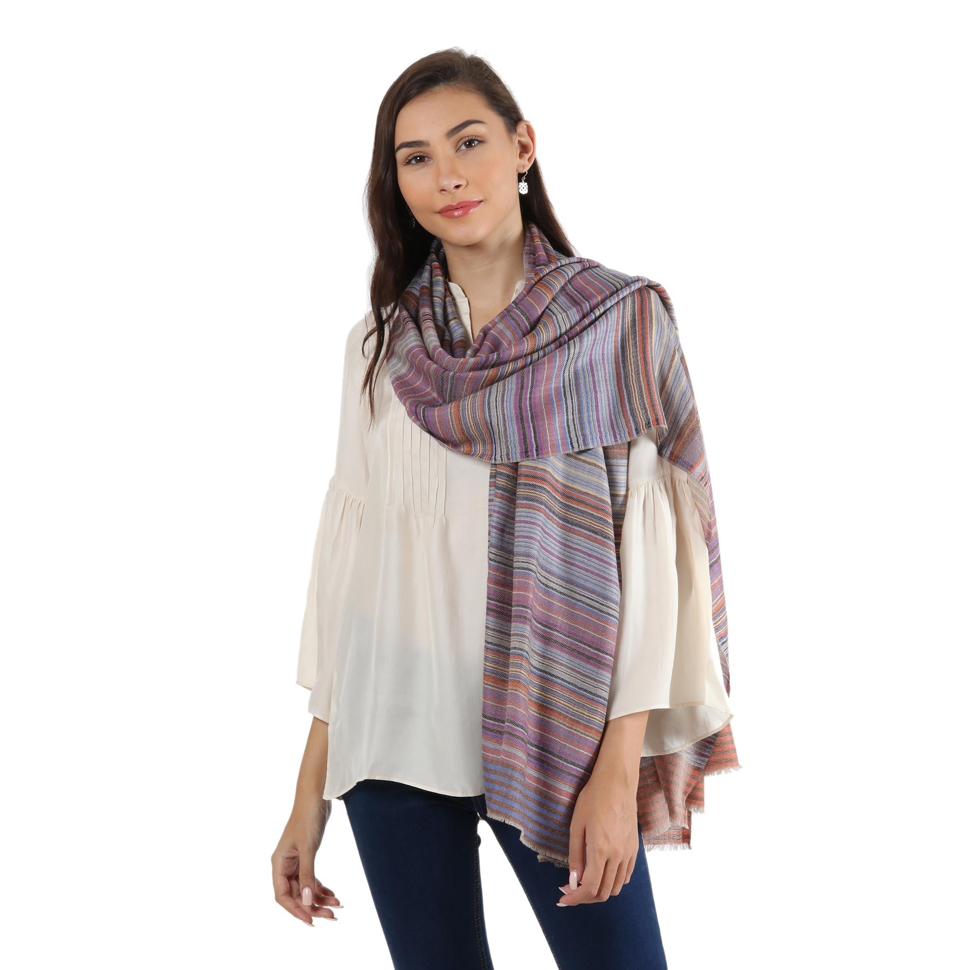 100% Wool Shawl with Multicolored Stripes Handmade in India - Brilliant Stripes
