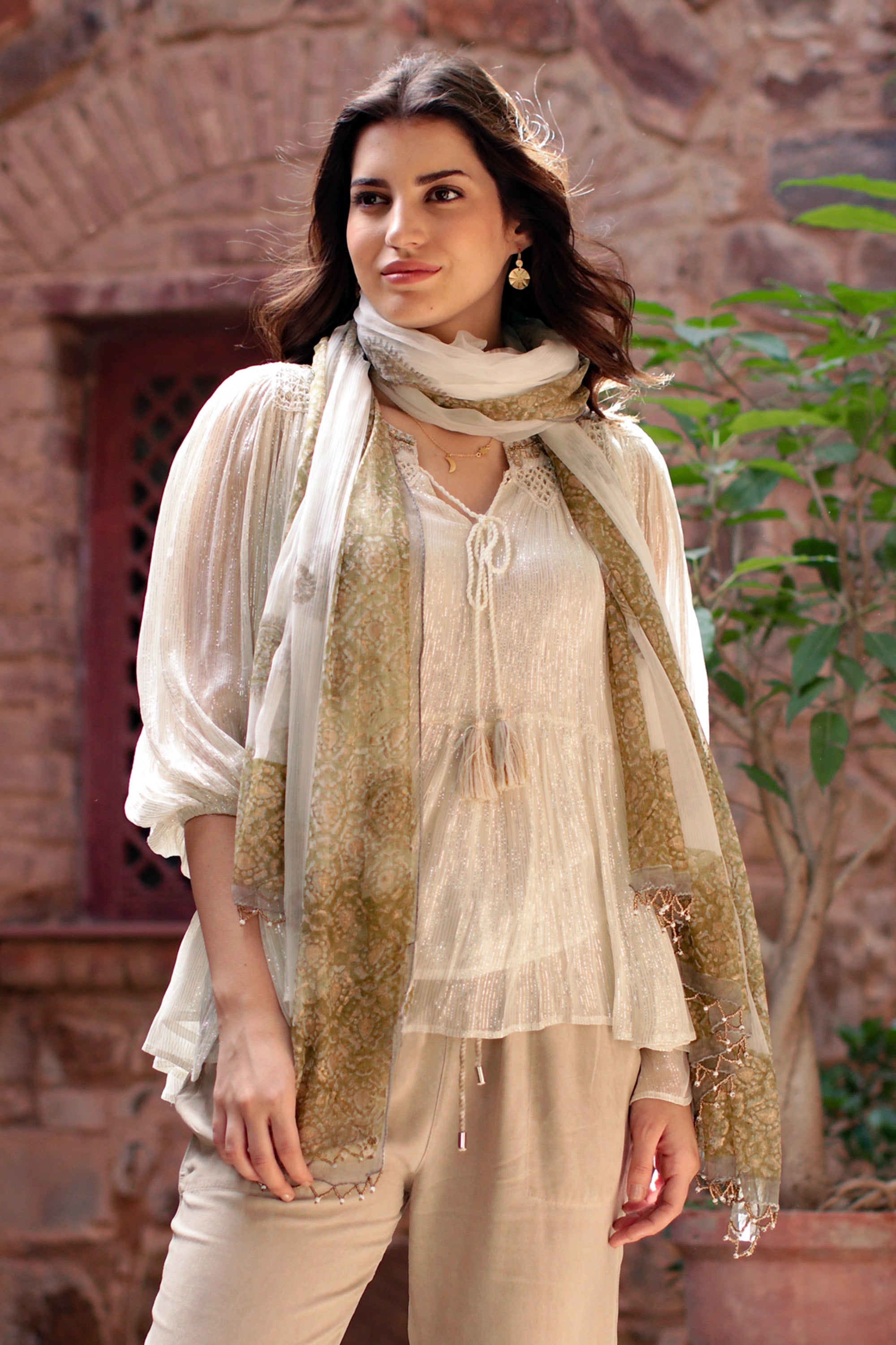 Block-Printed Green and White Viscose Shawl - Deep Green Dreams