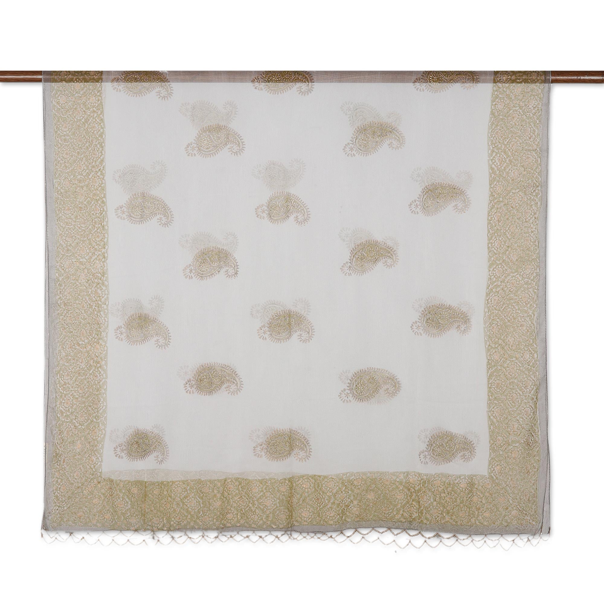 Block-Printed Green and White Viscose Shawl - Deep Green Dreams