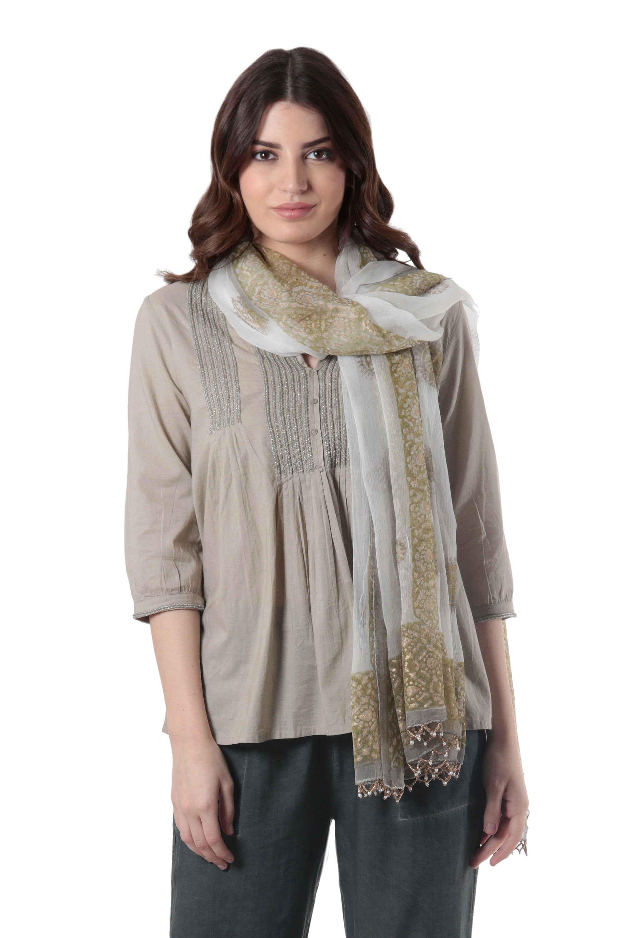 Block-Printed Green and White Viscose Shawl - Deep Green Dreams