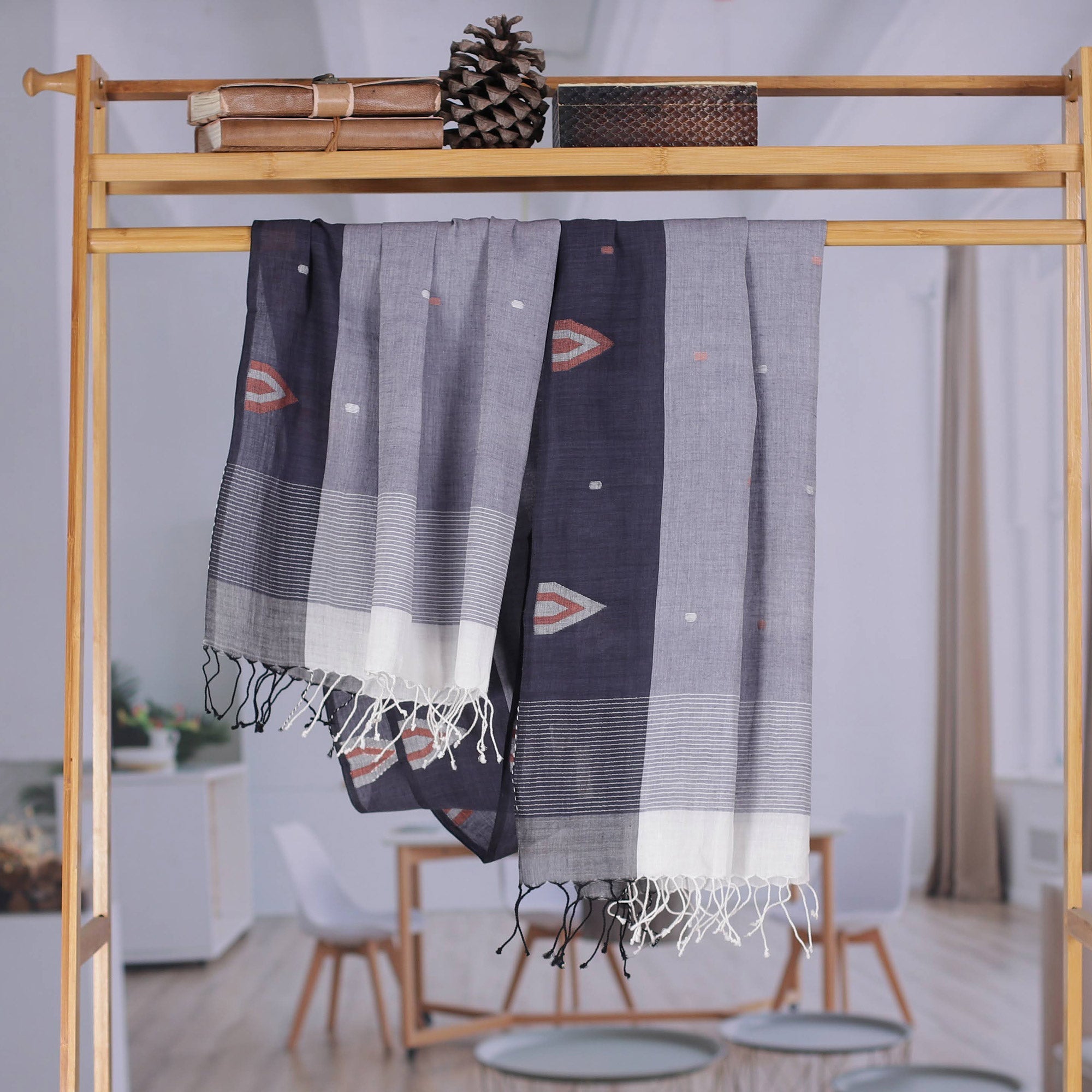 Artisan Crafted Cotton Muslin and Silk Shawl - Rustic Midnight