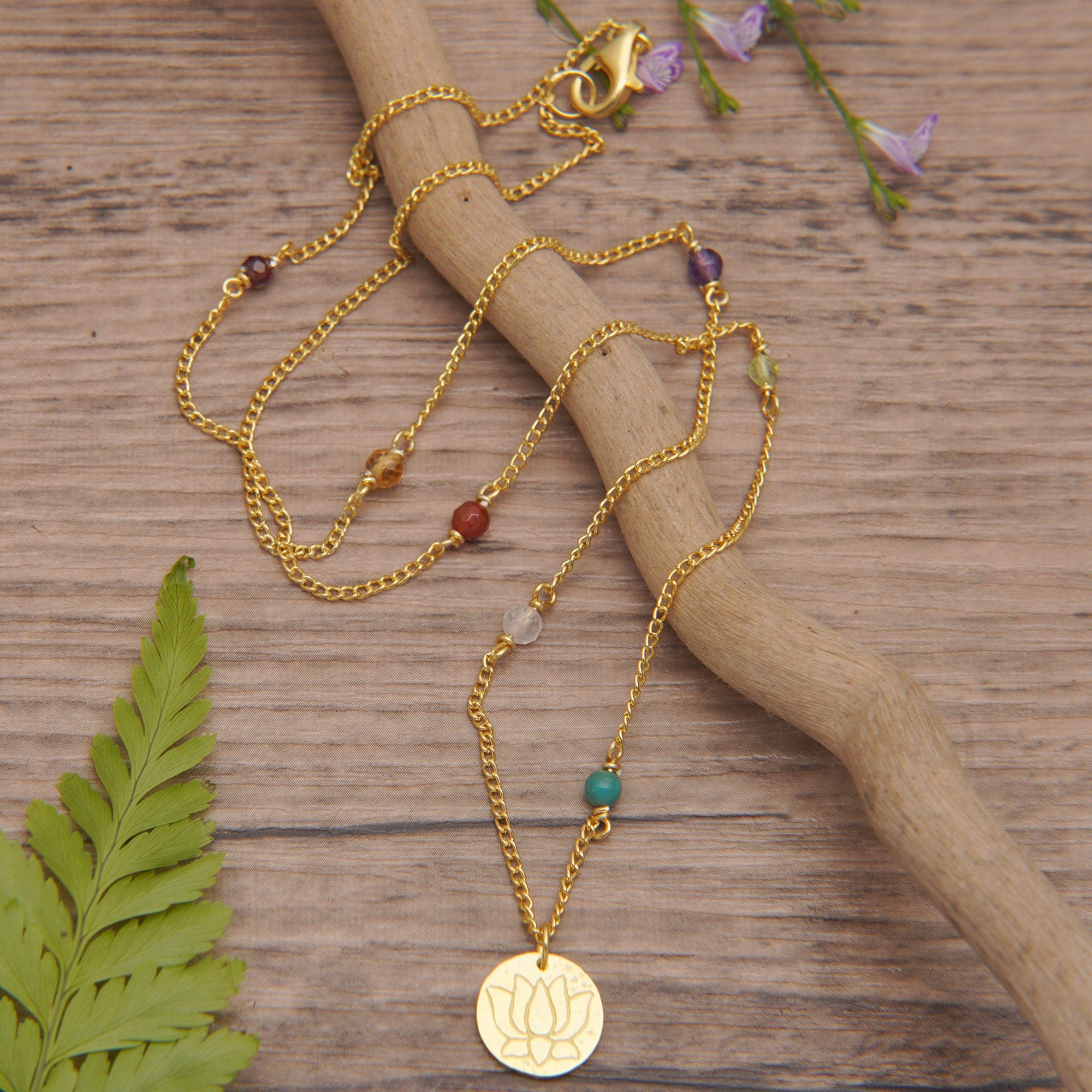 18k Gold-Plated Multi-Gemstone Station Pendant Necklace - Chakra of Paradise