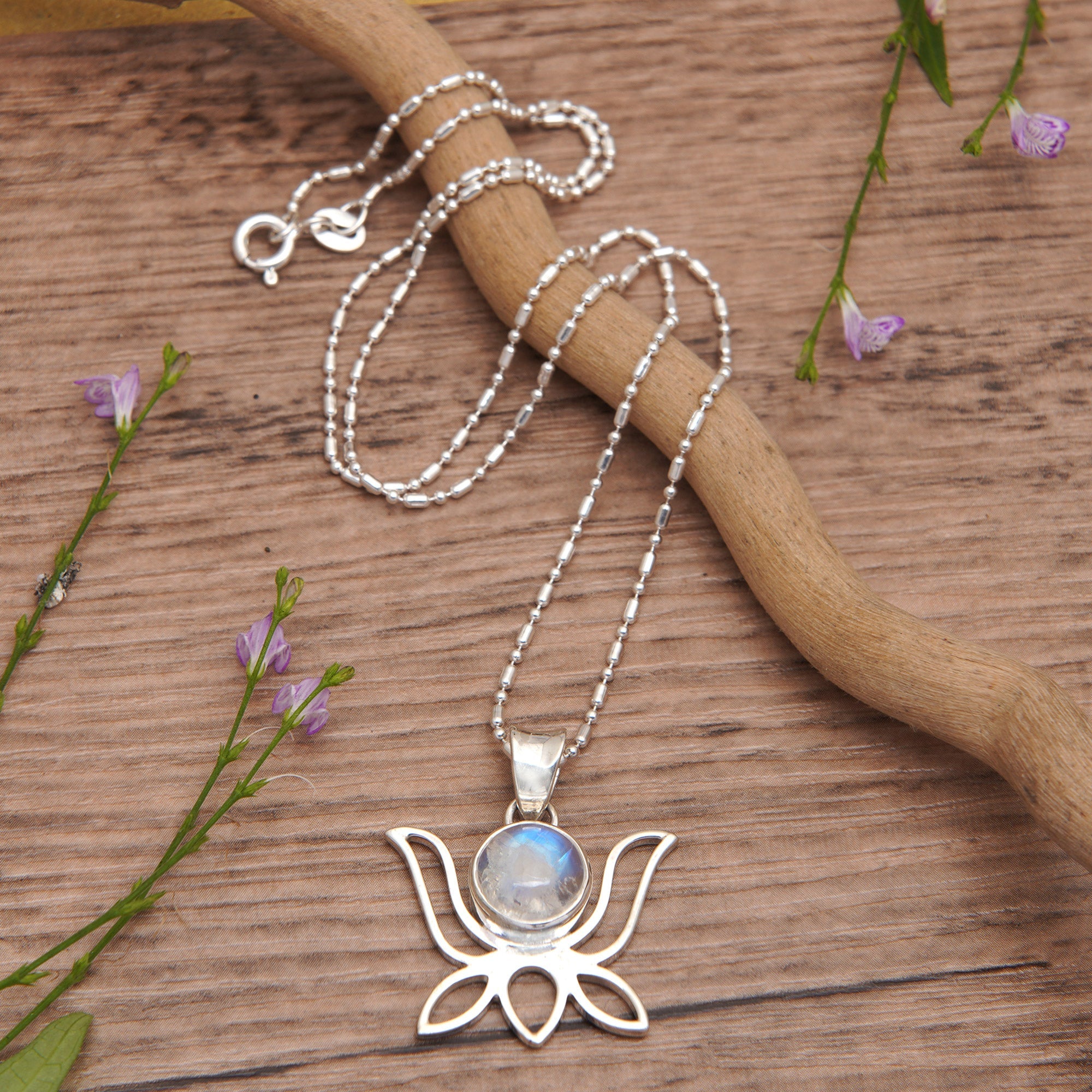 Polished Lotus-Shaped Rainbow Moonstone Pendant Necklace - Heaven Lotus