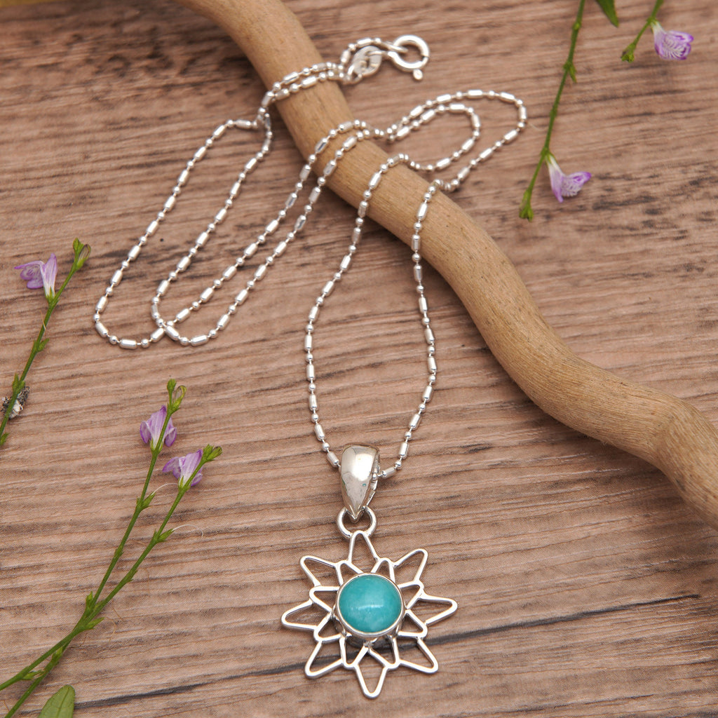 Sterling Silver Amazonite Chakra Flower Pendant Necklace - Chakra Splendor