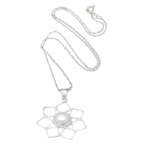 925 Silver Floral Pendant Necklace with Peach Cultured Pearl - Floral Glare