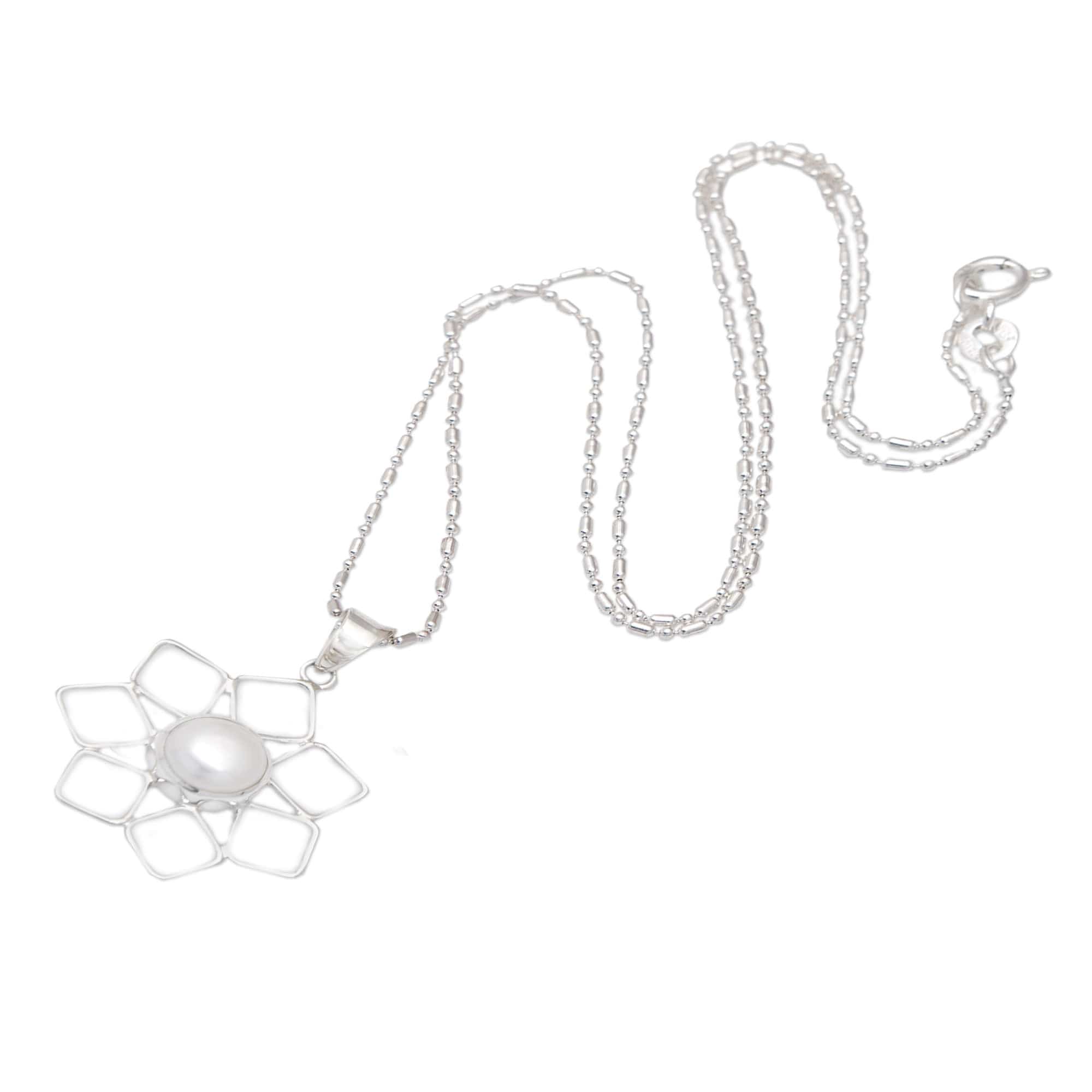 925 Silver Floral Pendant Necklace with Peach Cultured Pearl - Floral Glare