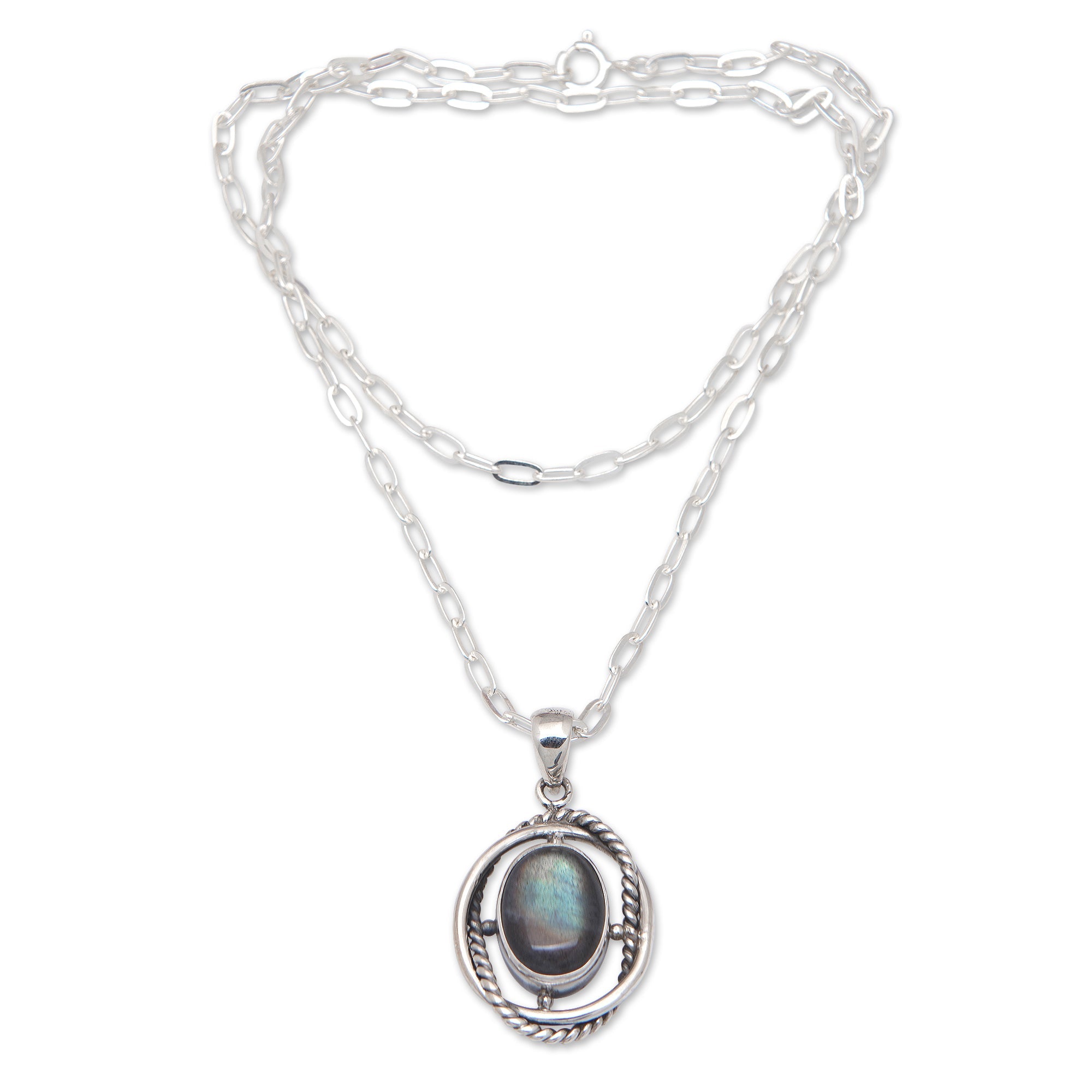 Sterling Silver Pendant Necklace with Labradorite Stone - Chic Iridescence