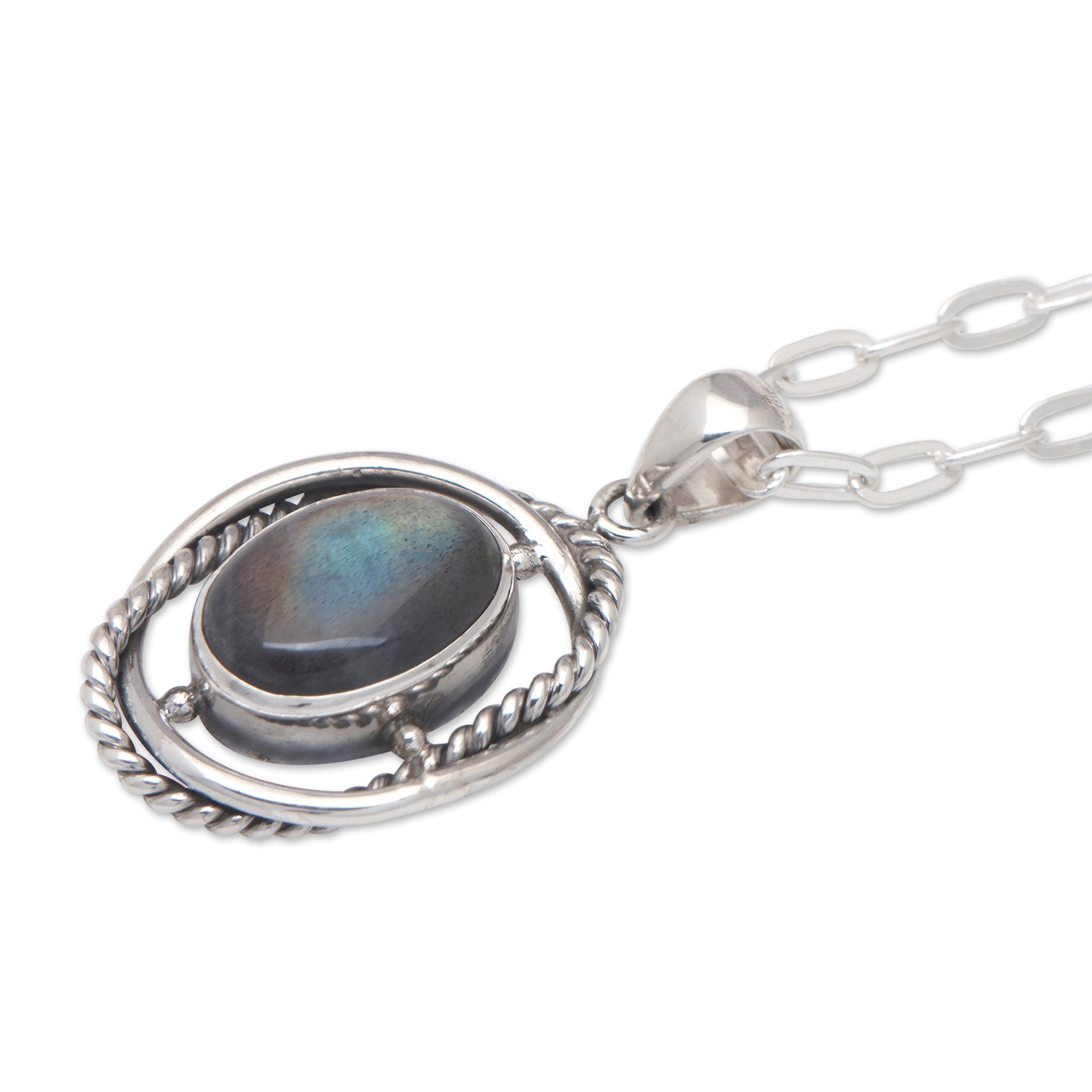 Sterling Silver Pendant Necklace with Labradorite Stone - Chic Iridescence