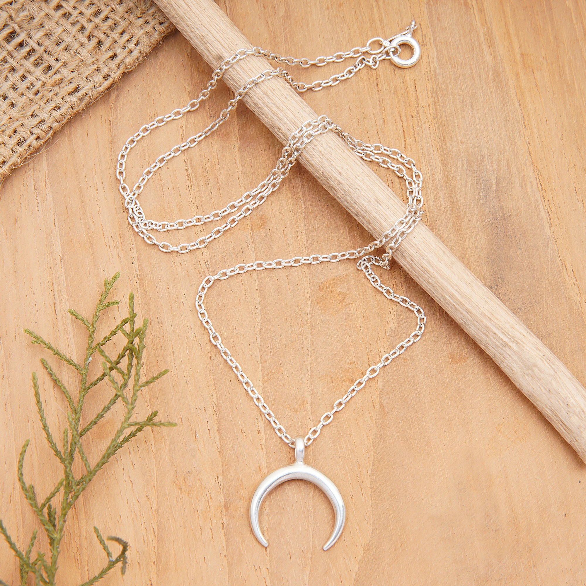 Sterling Silver Pendant Necklace with Crescent Moon Motif - Crescent at Night