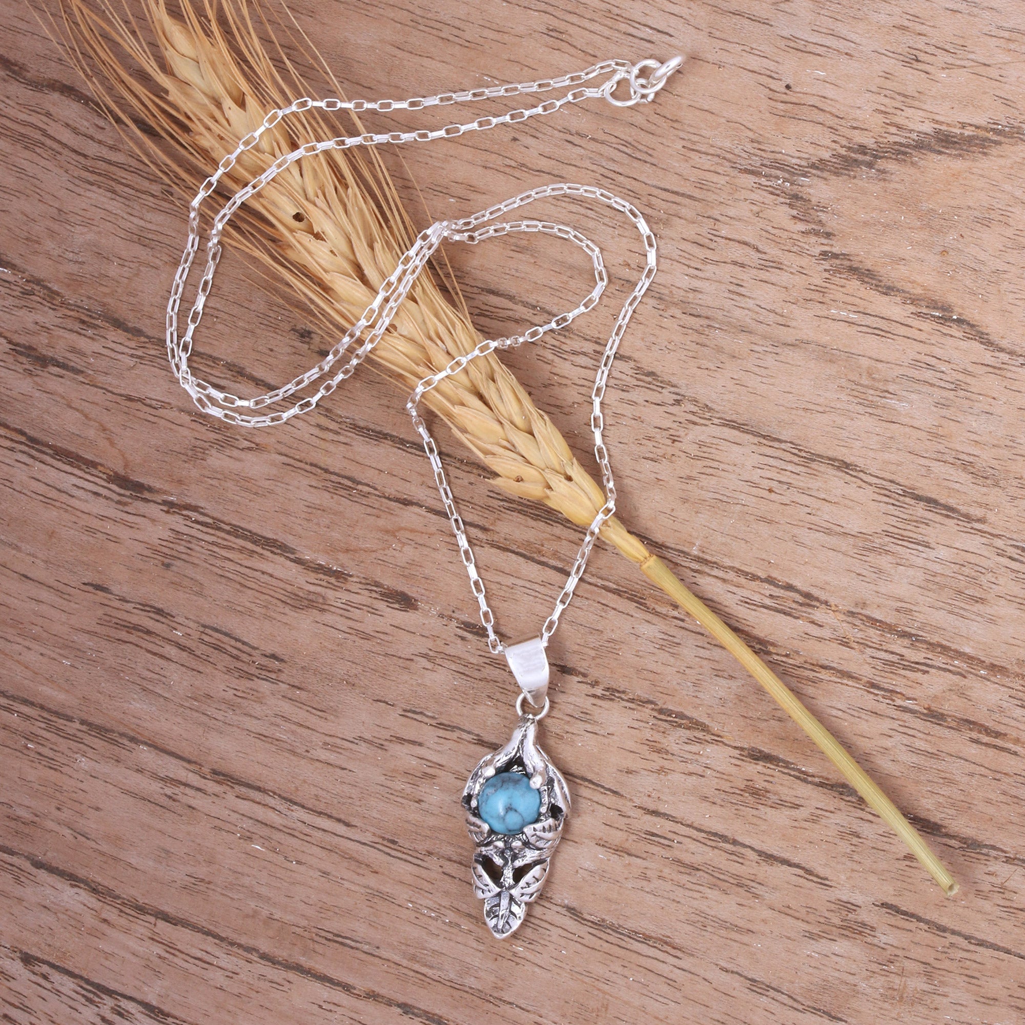 Leafy Sterling Silver and Recon Turquoise Pendant Necklace - Tropical Bract