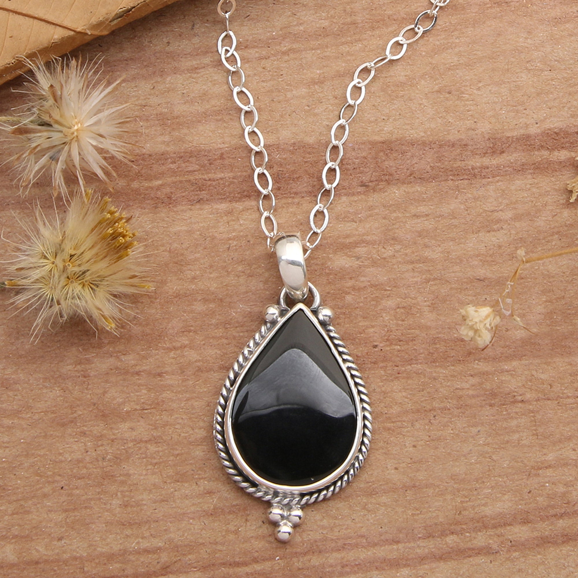 Sterling Silver Onyx Pendant Necklace with Torsade Accents - Tropical Night