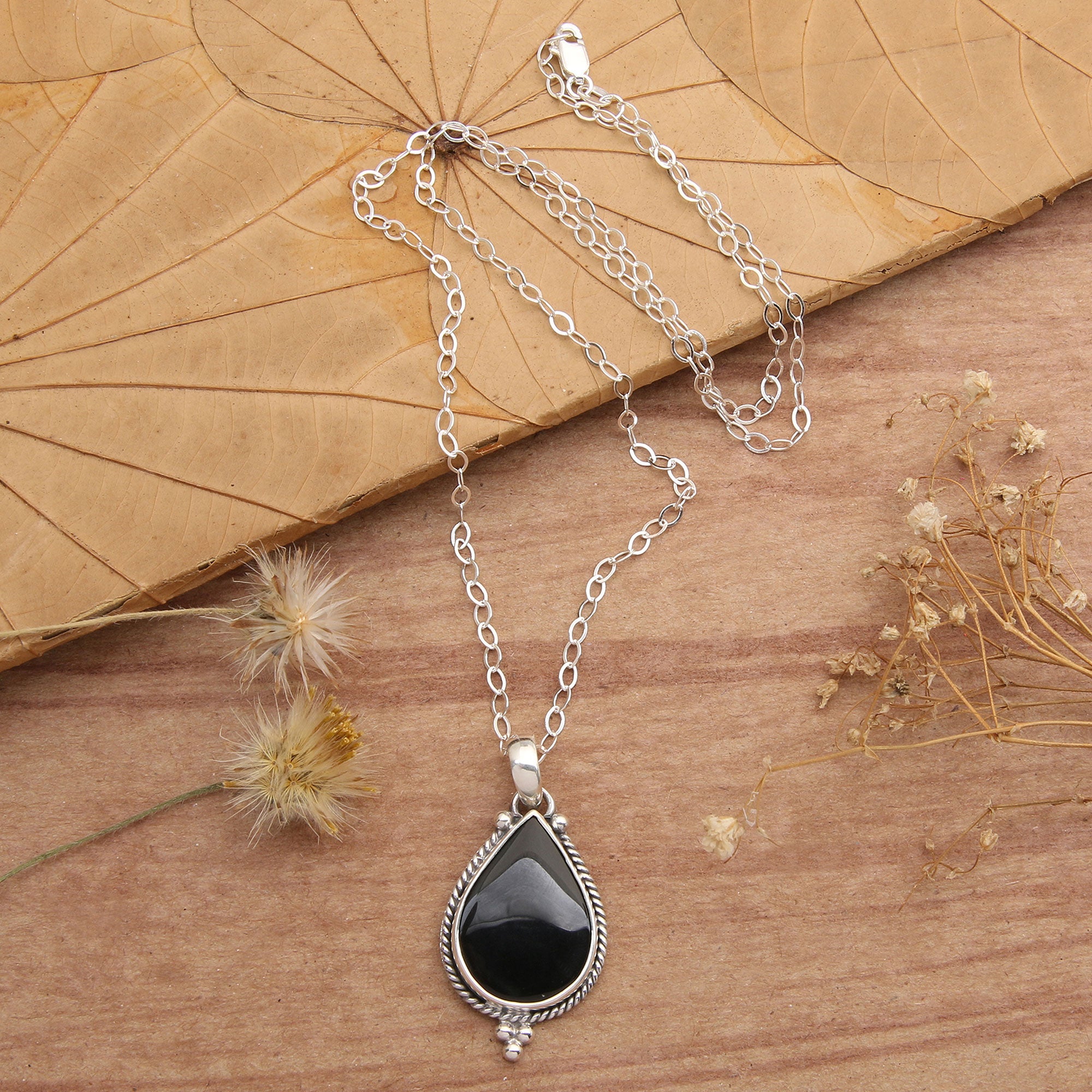 Sterling Silver Onyx Pendant Necklace with Torsade Accents - Tropical Night