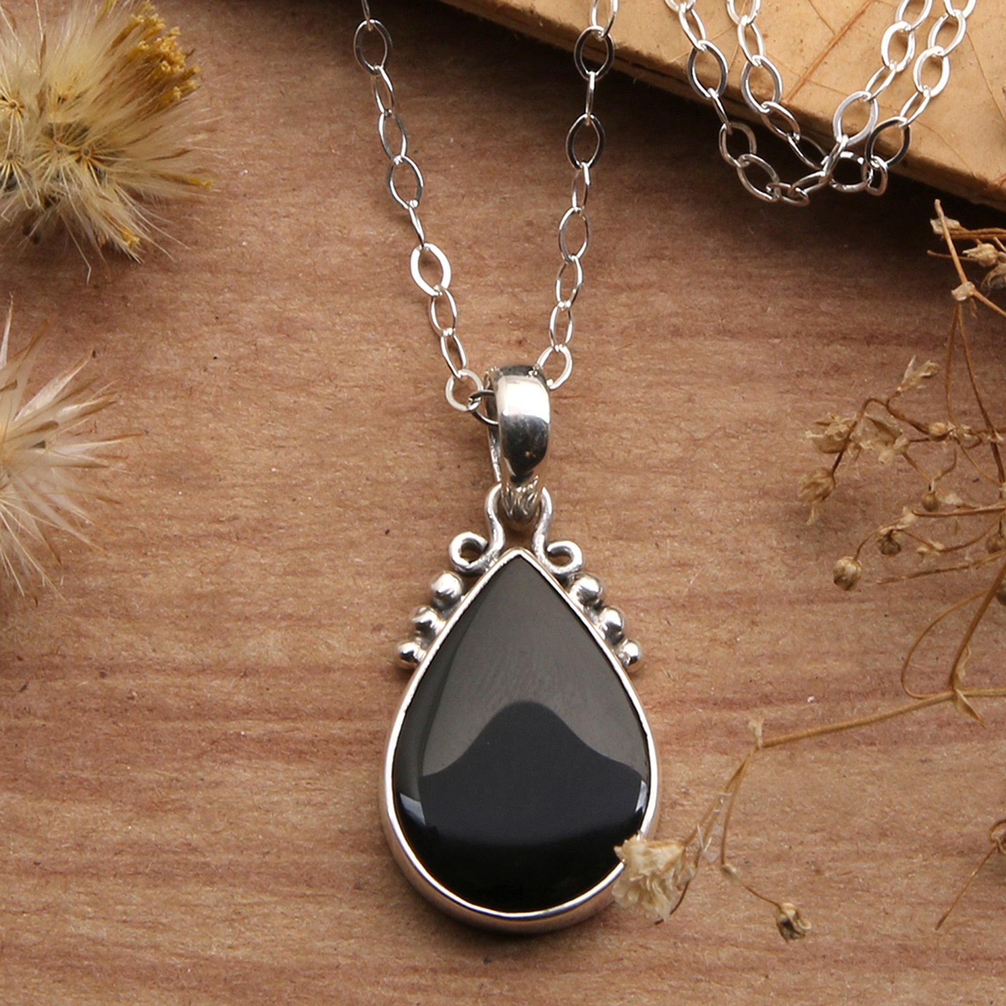 Sterling Silver Onyx Pendant Necklace with Dot Accents - Snowy Night