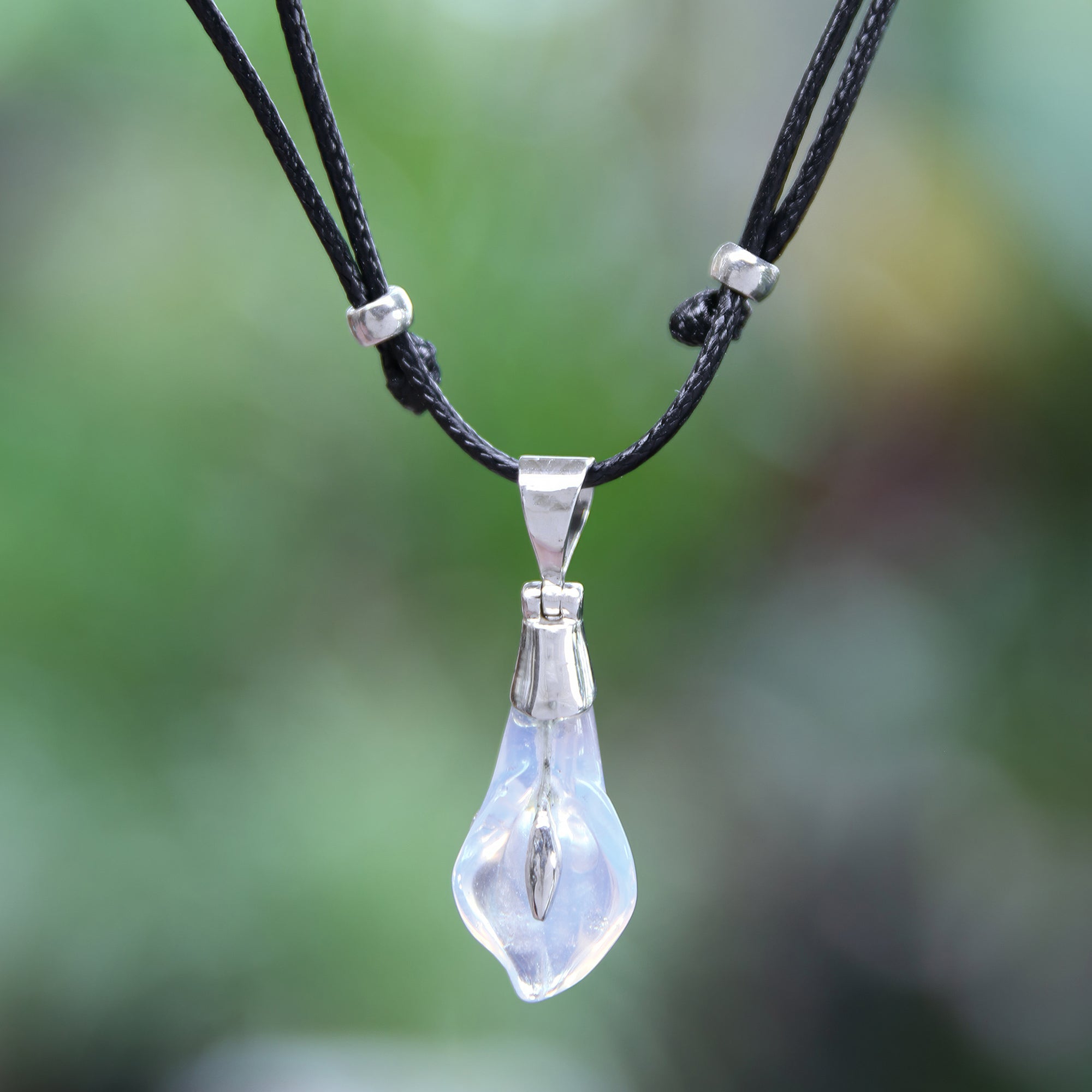 Sterling Silver Necklace with Blown Glass Lily Pendant - Sparkling Lily