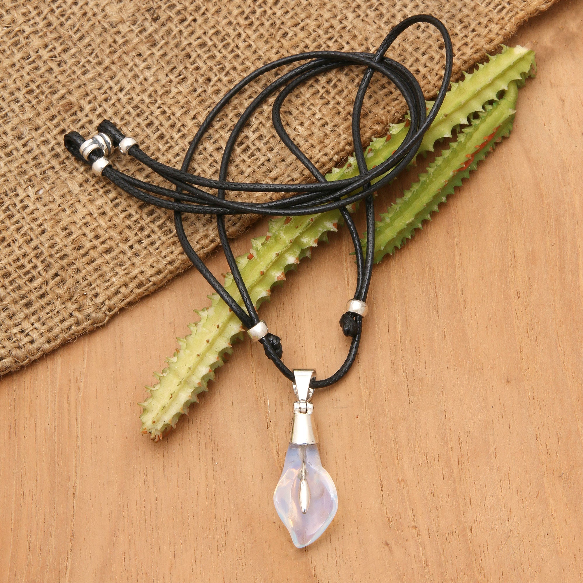 Sterling Silver Necklace with Blown Glass Lily Pendant - Sparkling Lily