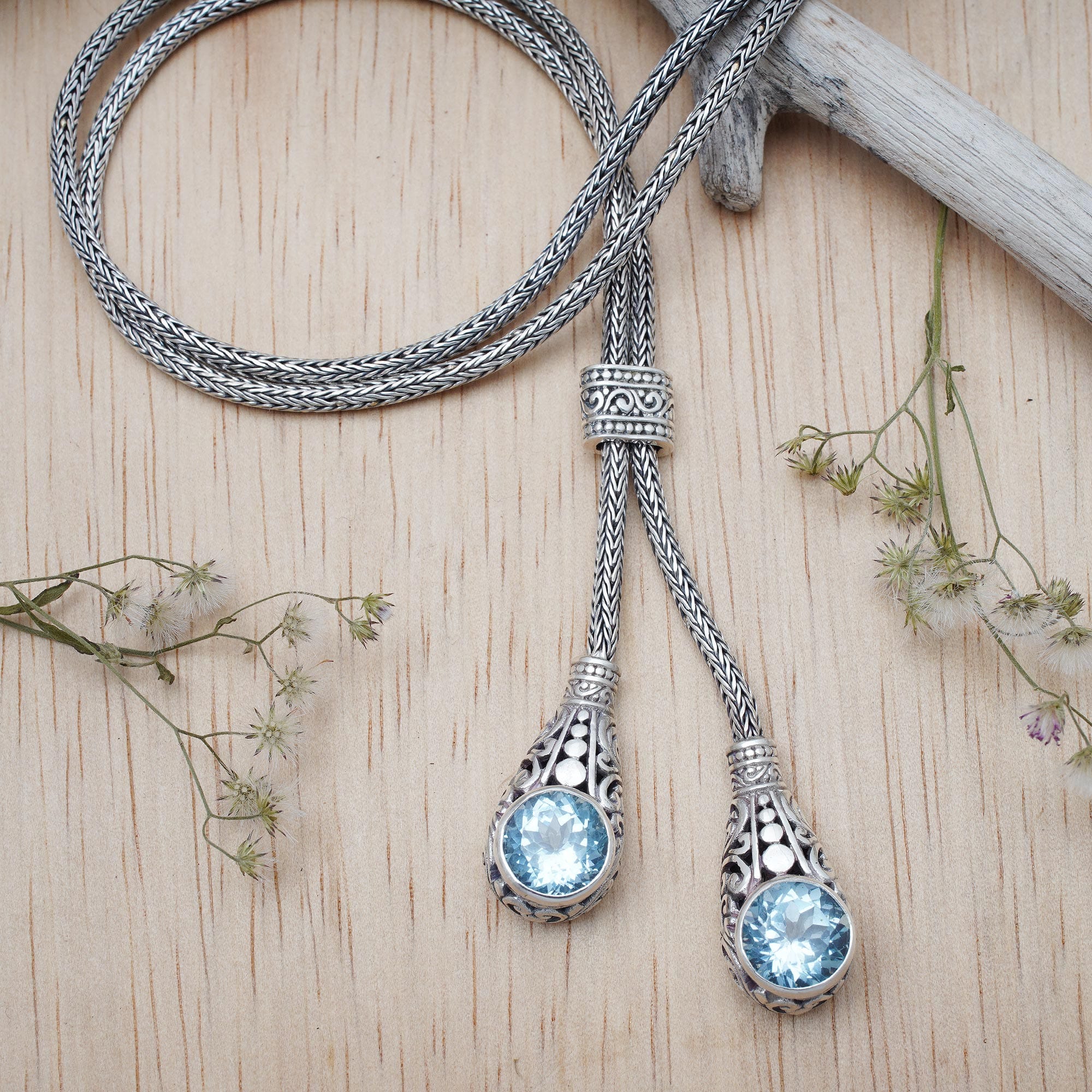 Classic 11-Carat Faceted Blue Topaz Lariat Necklace - Sacred Tears