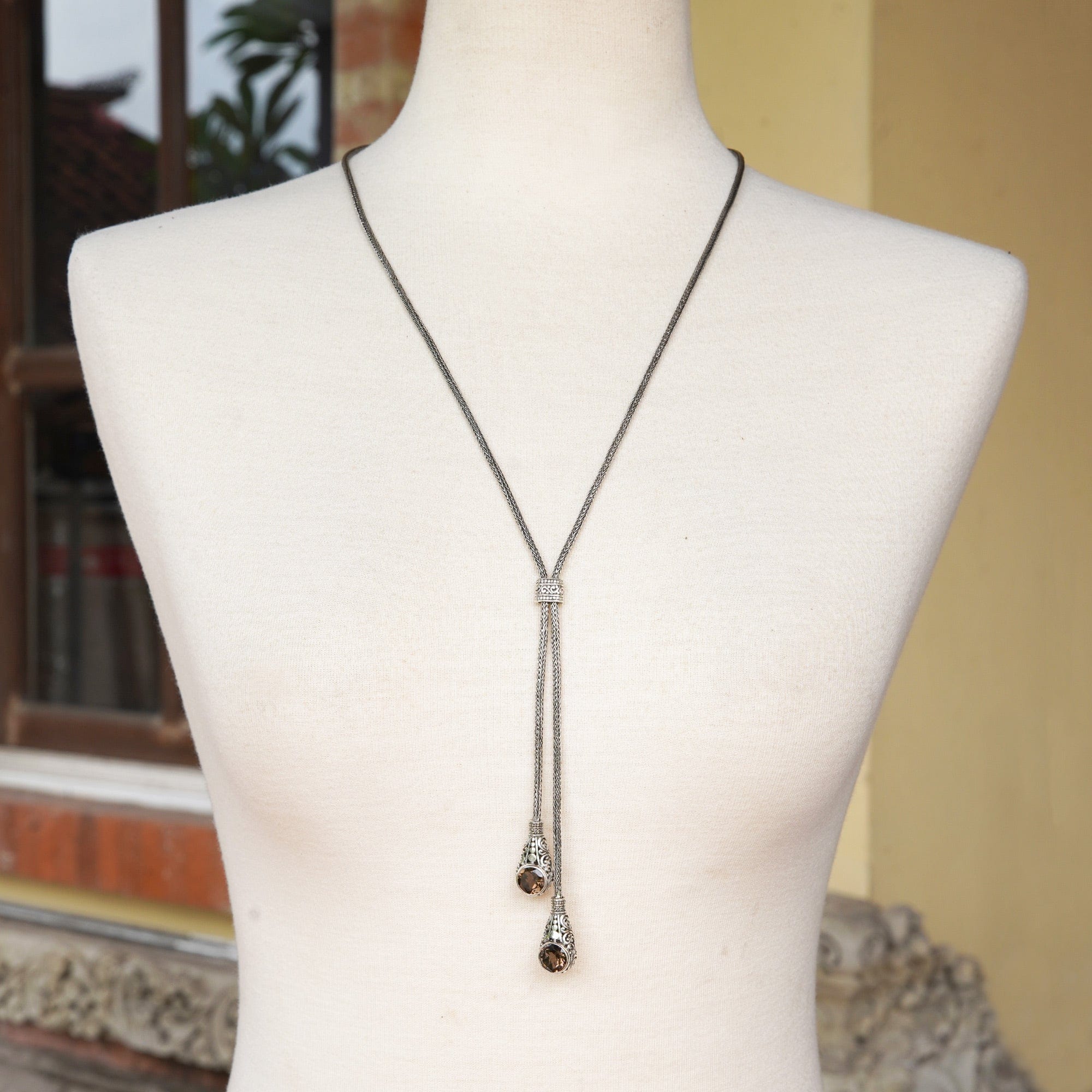 Classic Six-Carat Faceted Smoky Quartz Lariat Necklace - Sacred Ethereal Tears