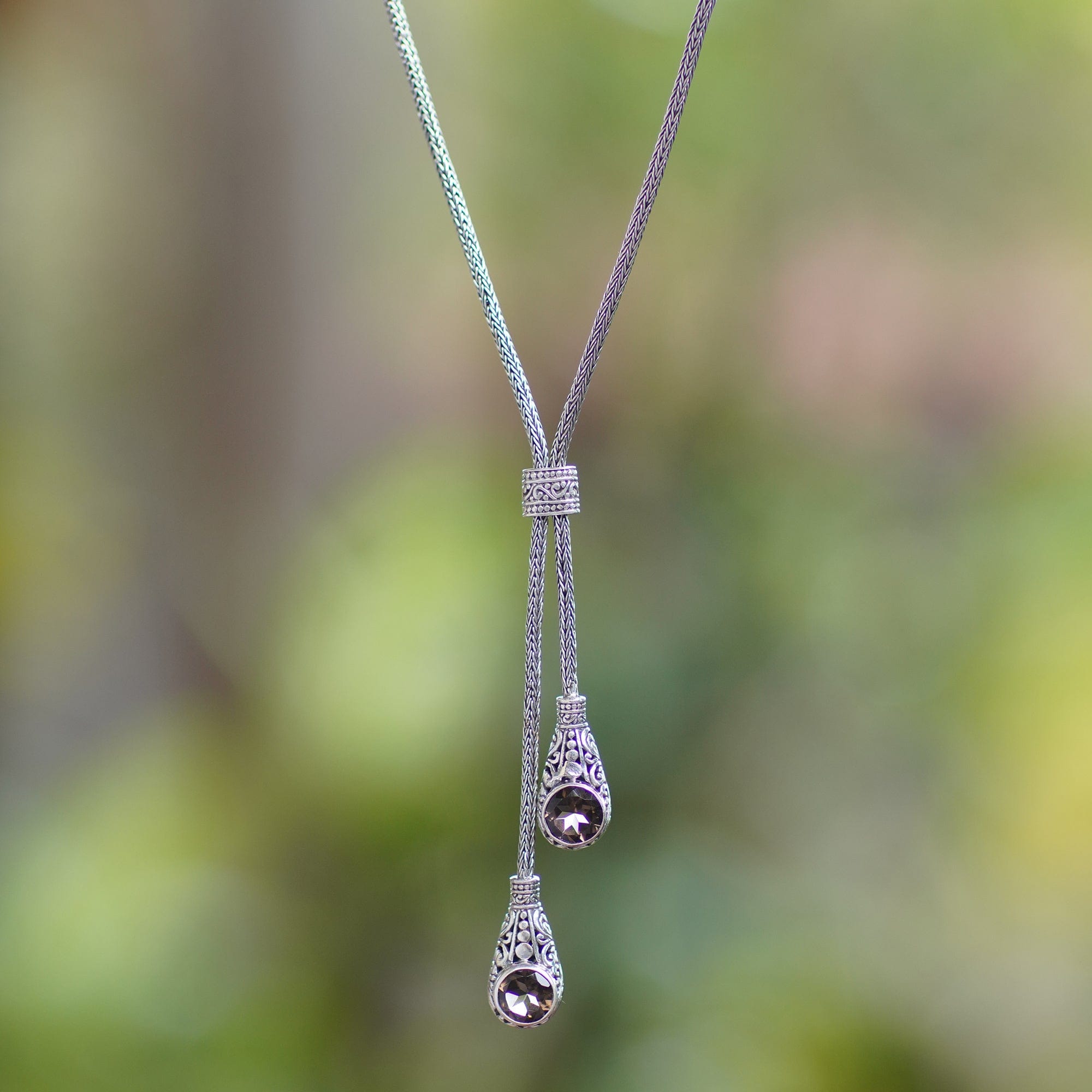Classic Six-Carat Faceted Smoky Quartz Lariat Necklace - Sacred Ethereal Tears